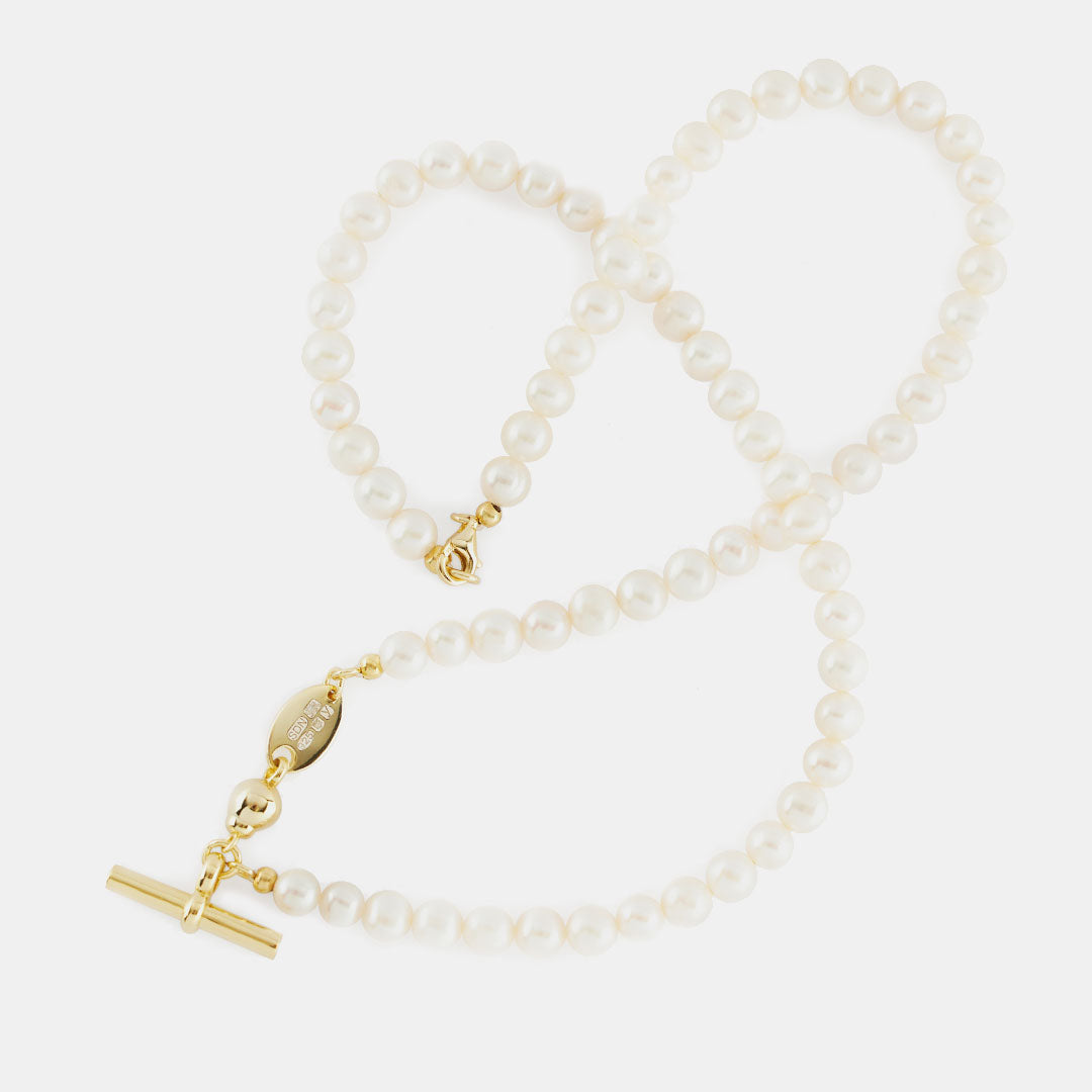 Gold Pearl T-Bar Necklace