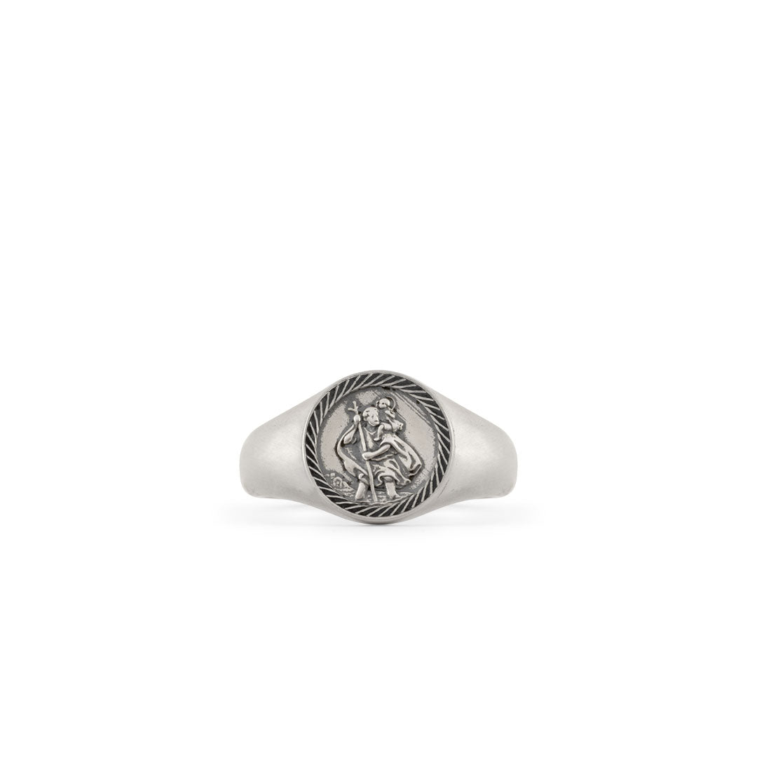 St Christopher Detail Scroll Sovereign Ring