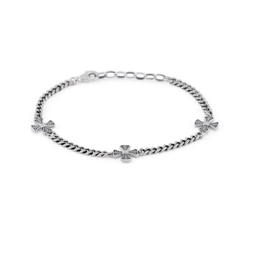 Silver curb chain bracelet with 3 cross motifs - Serge DeNimes