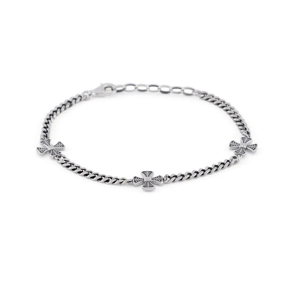 Silver curb chain bracelet with 3 cross motifs - Serge DeNimes
