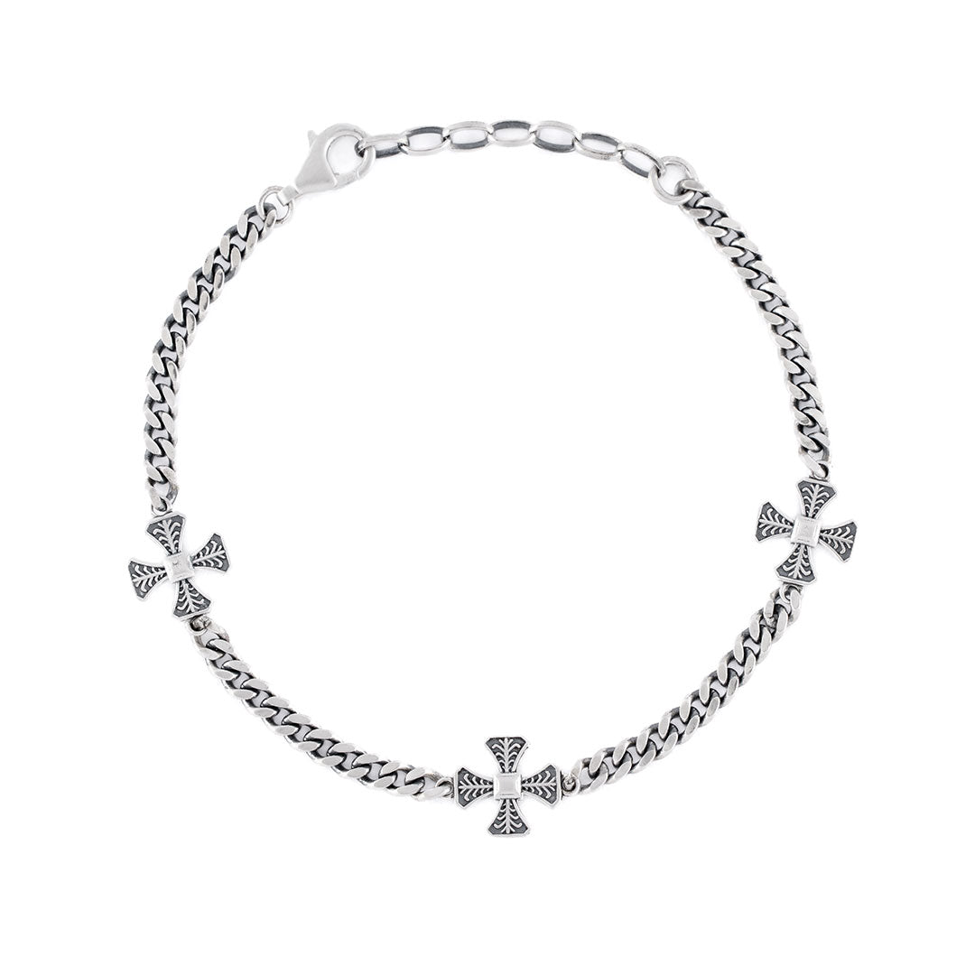 Silver curb chain bracelet with 3 cross motifs - Serge DeNimes