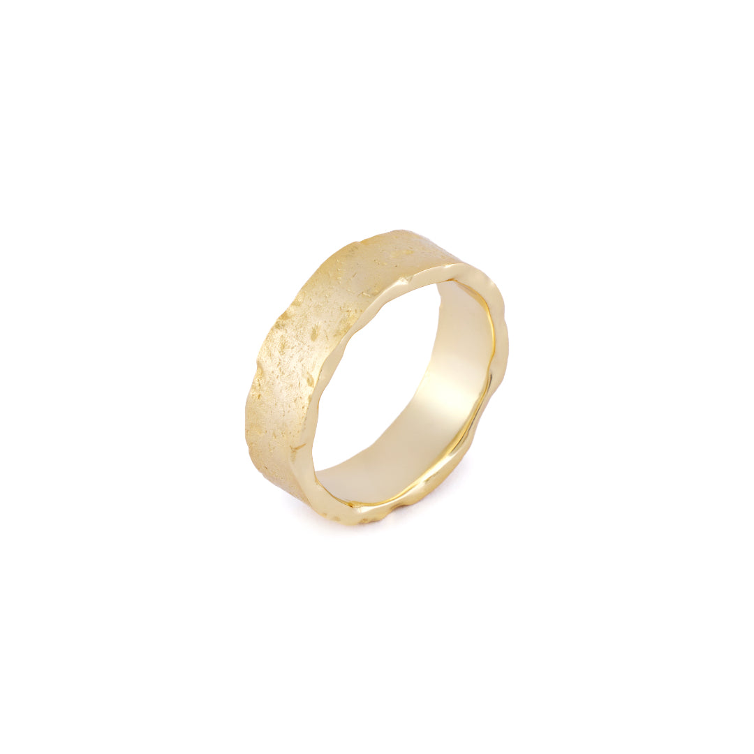 Gold plated Silver band ring with rough outside texture and polished smooth inside