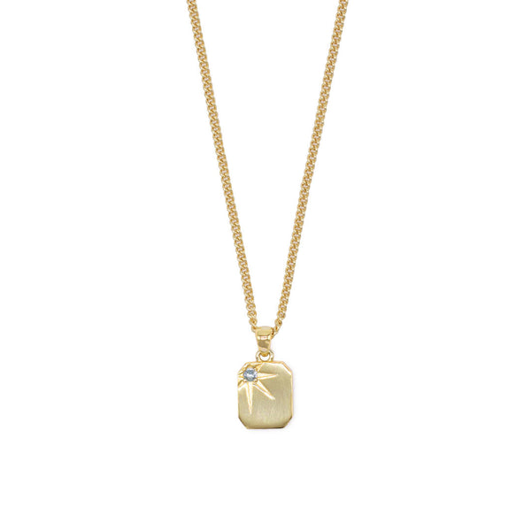 Gold plated Silver necklace with a rectangular pendant, oversized star setting and pale blue gemstone