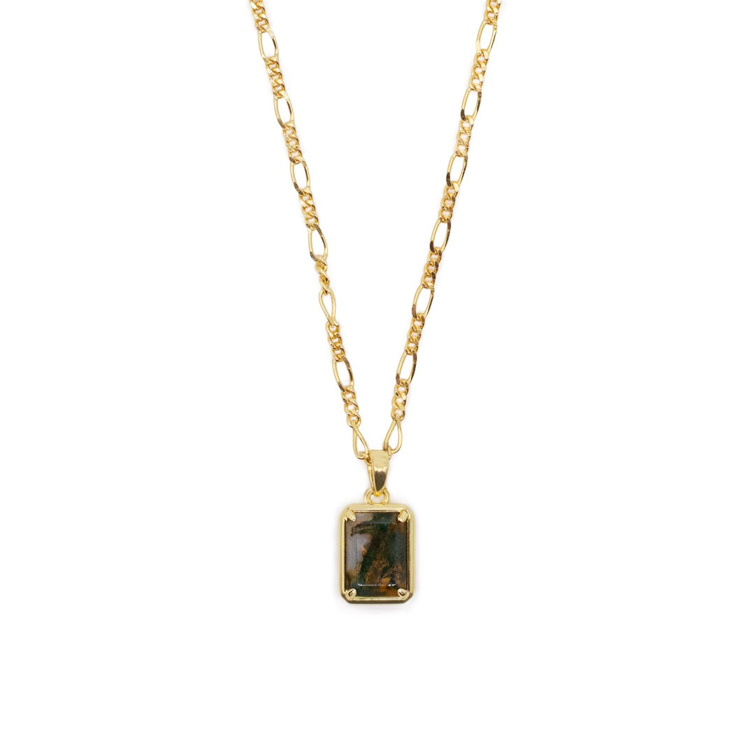Gold necklace with figaro chain and rectangle pendant with Moss Agate gemstone