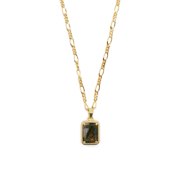 Gold necklace with figaro chain and rectangle pendant with Moss Agate gemstone