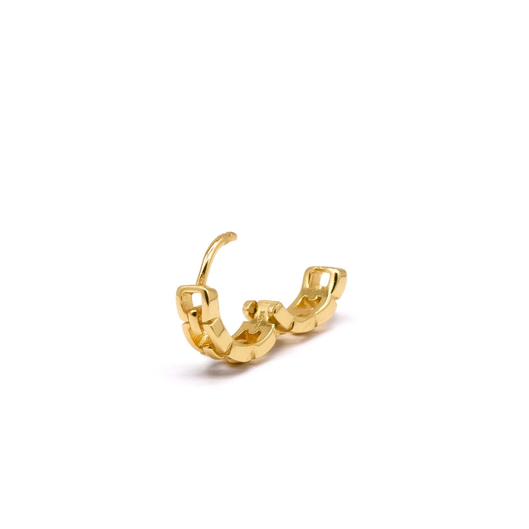Gold plated Sterling Silver huggie earring with a square cut out design in an open position