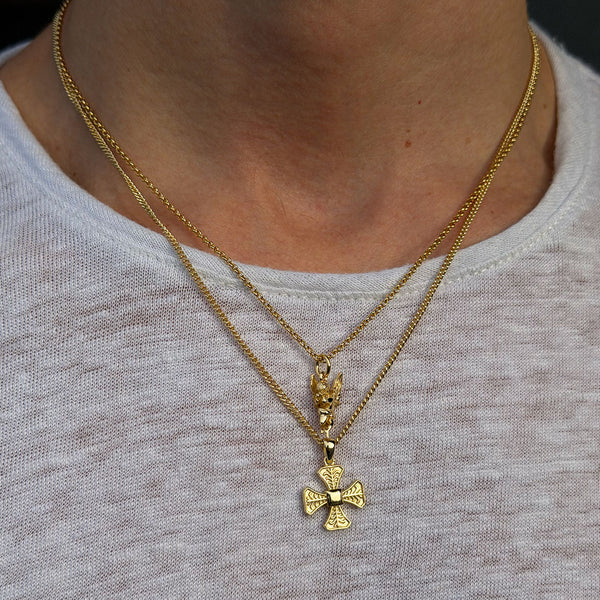Model wearing white t-shirt under 2 Gold Plated Silver pendant necklaces