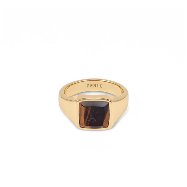 Gold plated Silver ring with Rhodium plating and large Tigers Eye stone on a white background