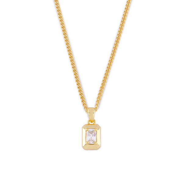 Gold plated Silver curb chain with rectangle pendant and large clear gemstone - Serge DeNimes