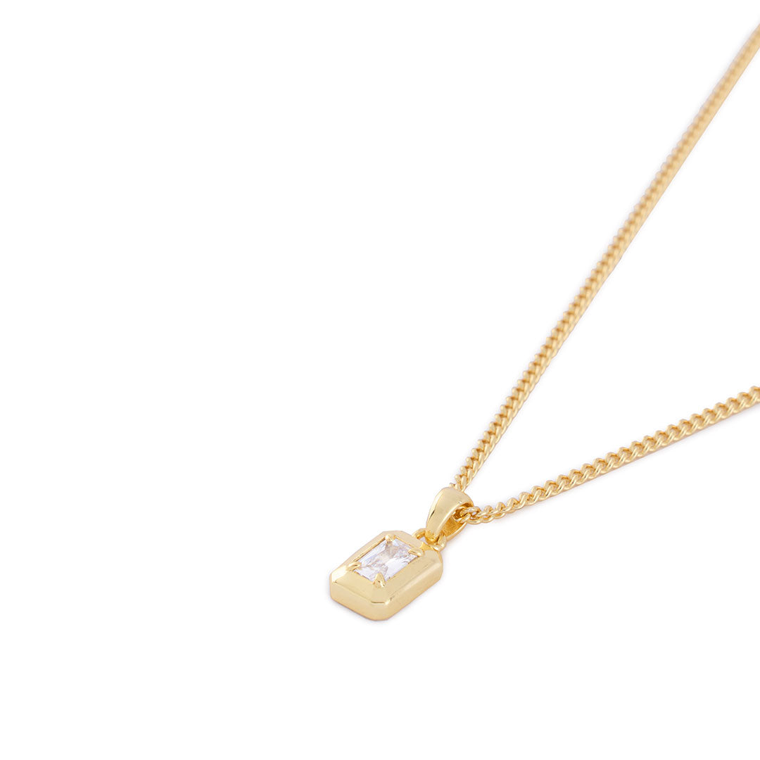 Gold plated Silver curb chain with rectangle pendant and large clear gemstone - Serge DeNimes