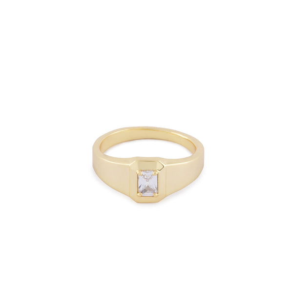 Gold plated Silver ring with rectangle shaped face and large clear gemstone - Serge DeNimes