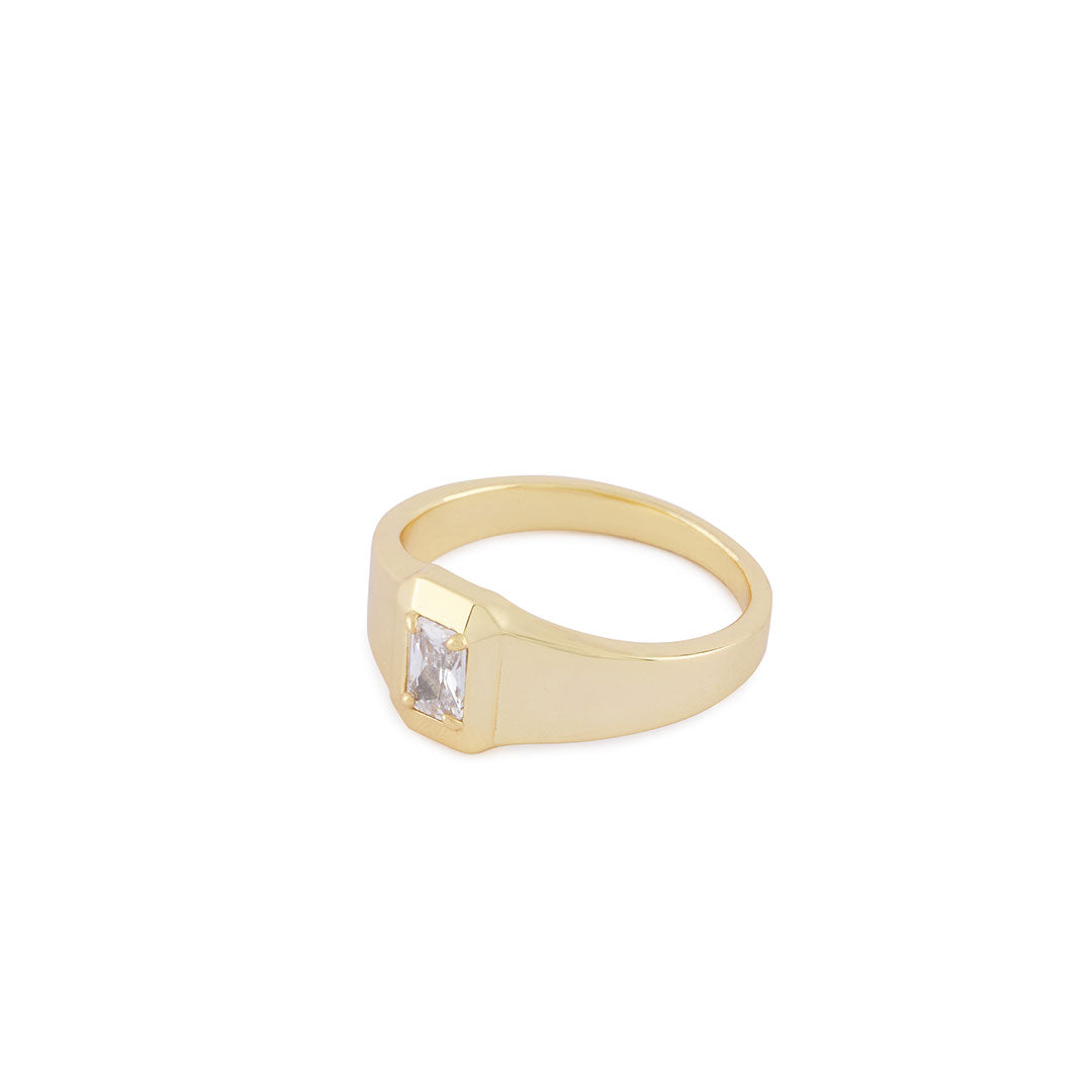Gold plated Silver ring with rectangle shaped face and large clear gemstone - Serge DeNimes