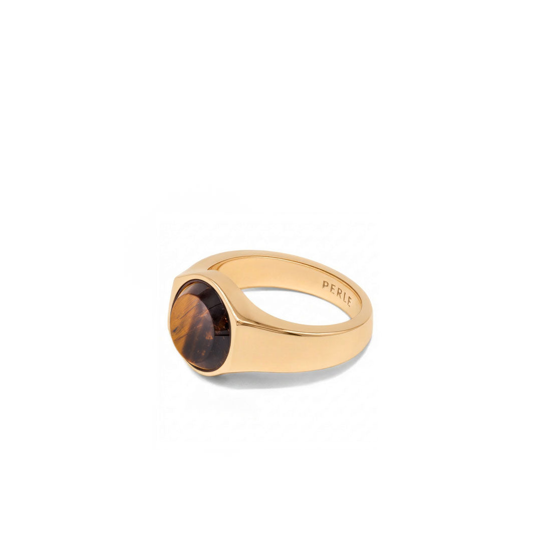 Gold plated Silver ring with Rhodium plating and large Tigers Eye stone on a white background