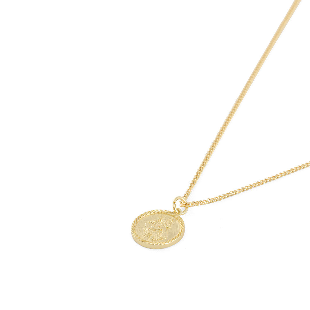 Gold plated Silver curb chain with round pendant with dashed border and St Christopher motif - Serge DeNimes