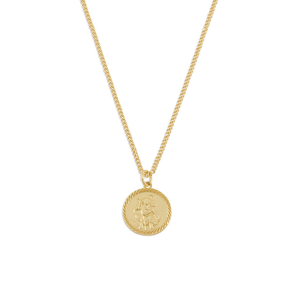 Gold plated Silver curb chain with round pendant with dashed border and St Christopher motif - Serge DeNimes