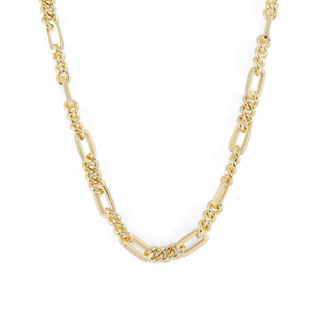 Gold plated Silver necklace with alternating curb links and garland links on a white background