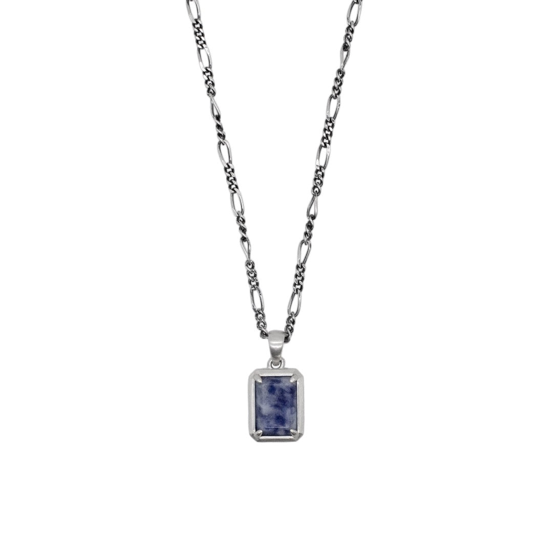 Silver necklace with figaro chain and rectangle pendant with blue Jasper gemstone