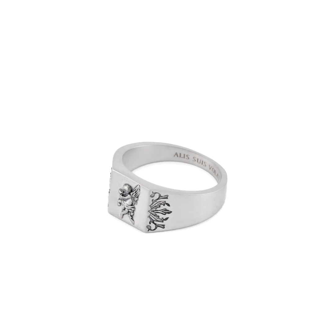 Silver ring with square face, cherub motif on the face and floral detailing on the sides - Serge DeNimes