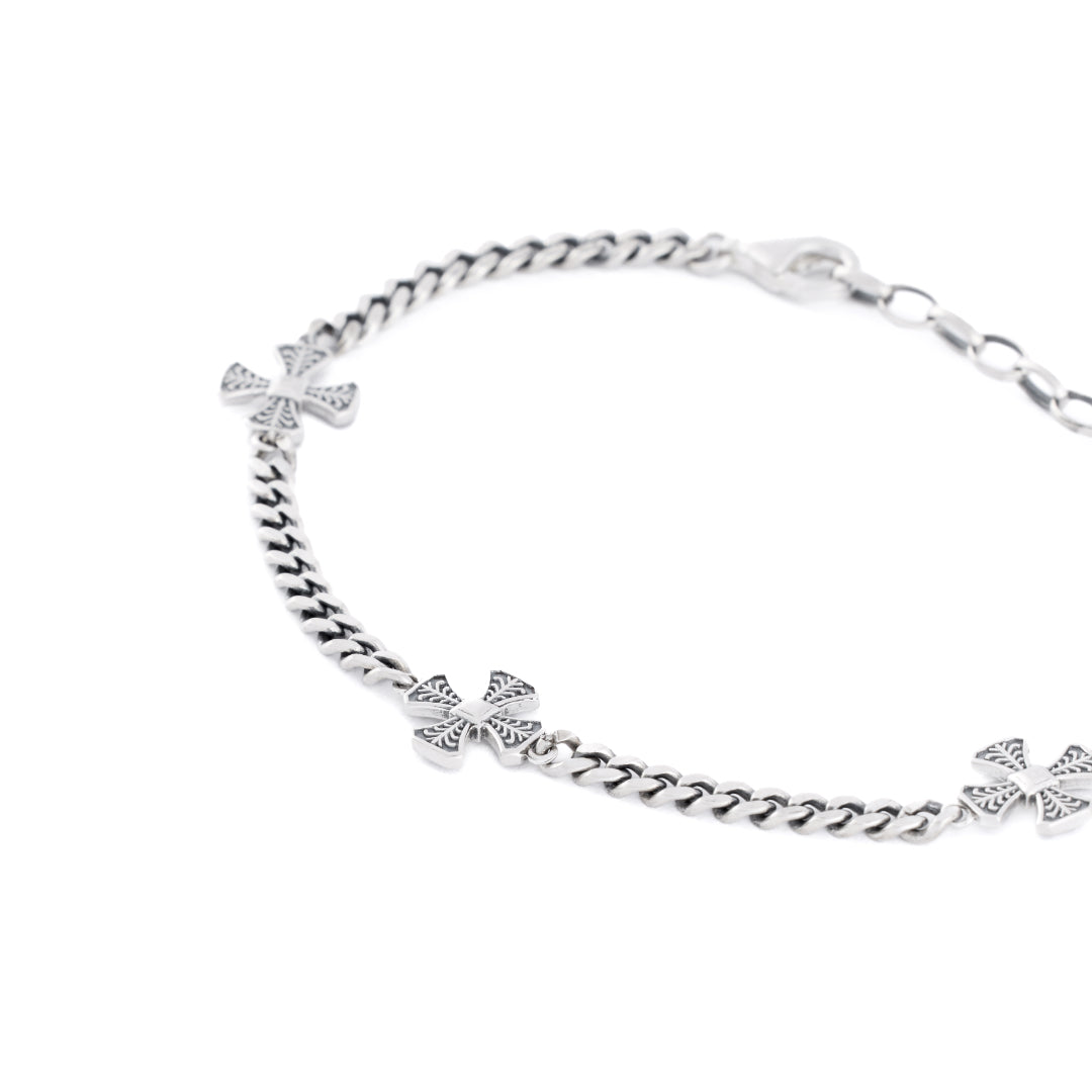 Silver curb chain bracelet with 3 cross motifs - Serge DeNimes