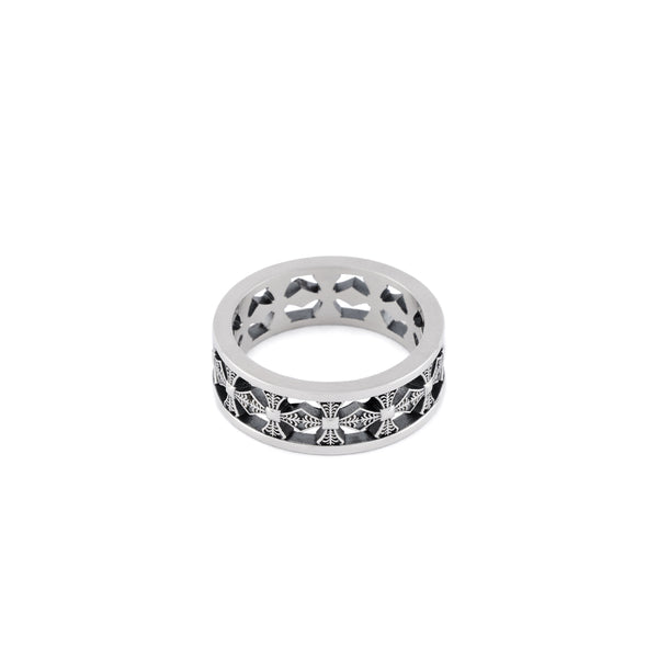 Silver cut out band ring with repeated detailed cross motifs - Serge DeNimes