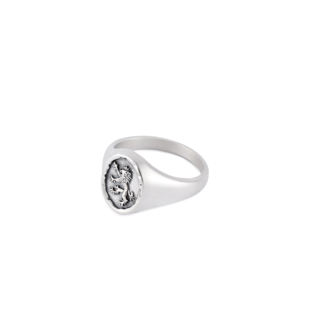 Silver signet ring with oval face wax seal imitation border and lion motif - Serge DeNimes
