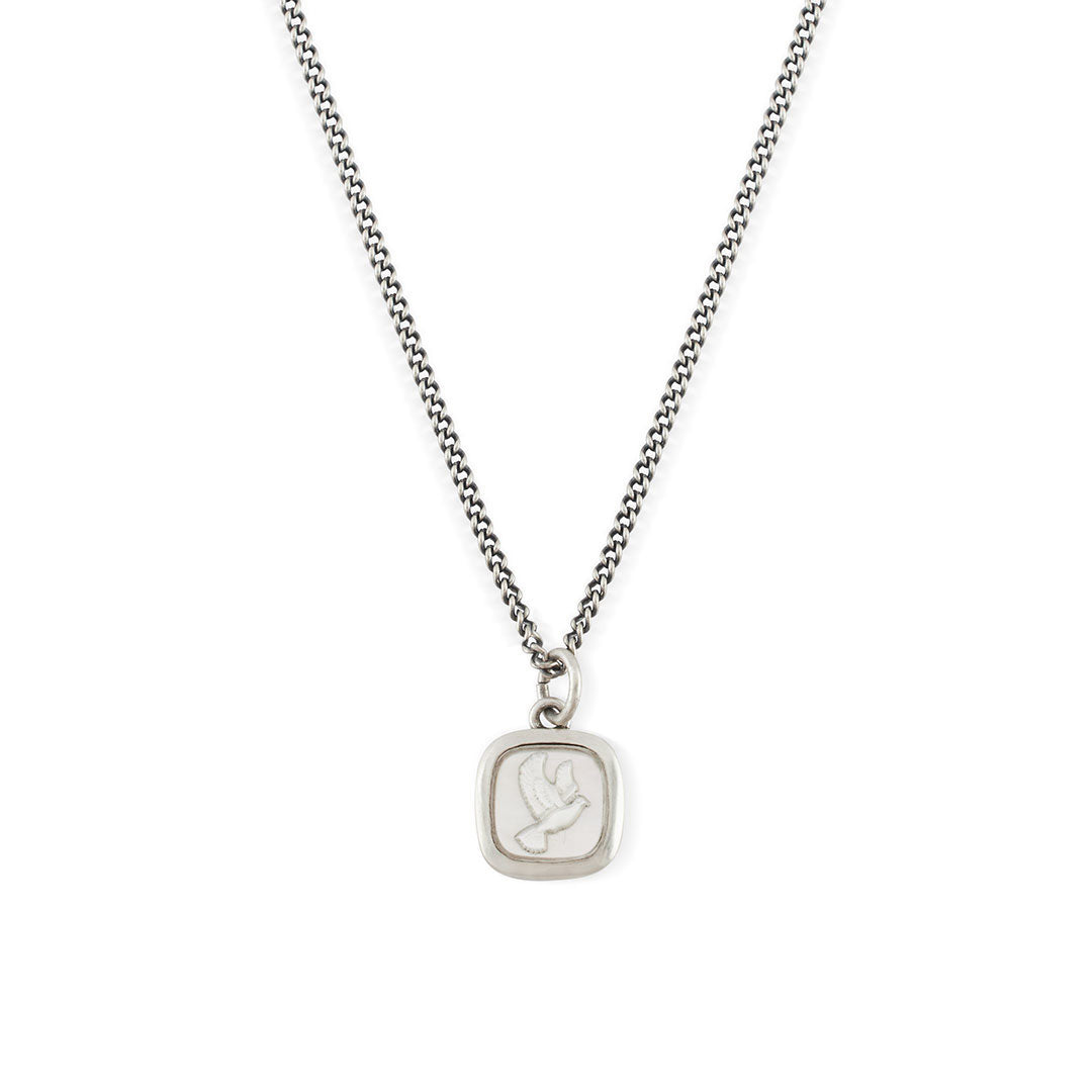 Silver necklace with square pendant with shell cameo depicting a dove - Serge DeNimes