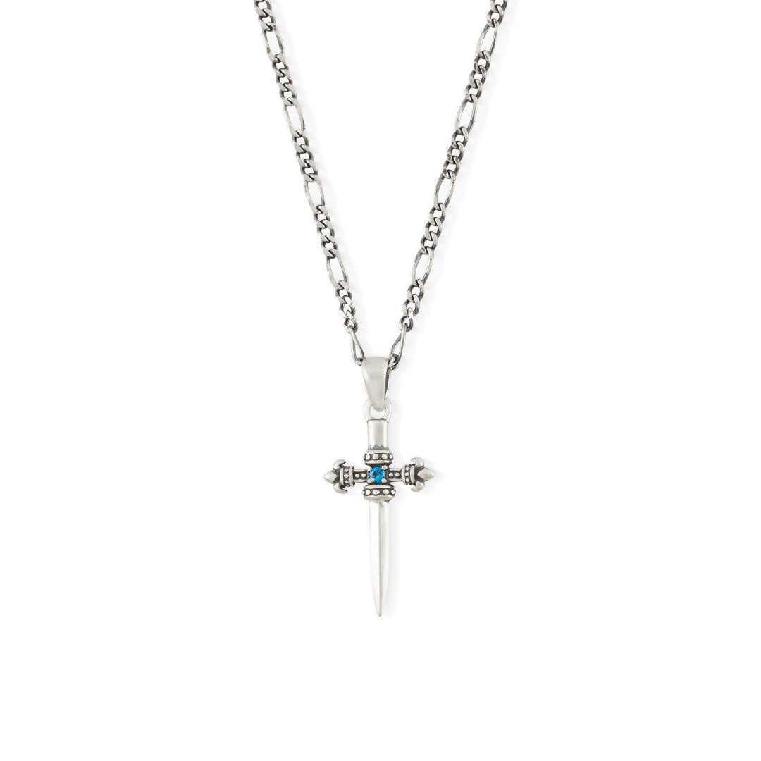 Silver figaro chain with sword shaped pendant with blue gemstone - Serge DeNimes