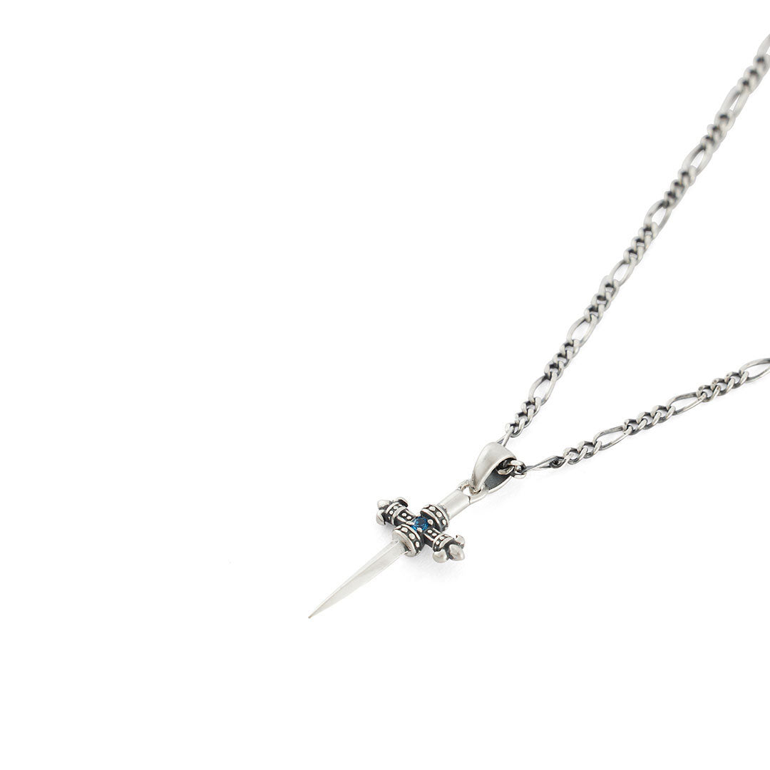 Silver figaro chain with sword shaped pendant with blue gemstone - Serge DeNimes