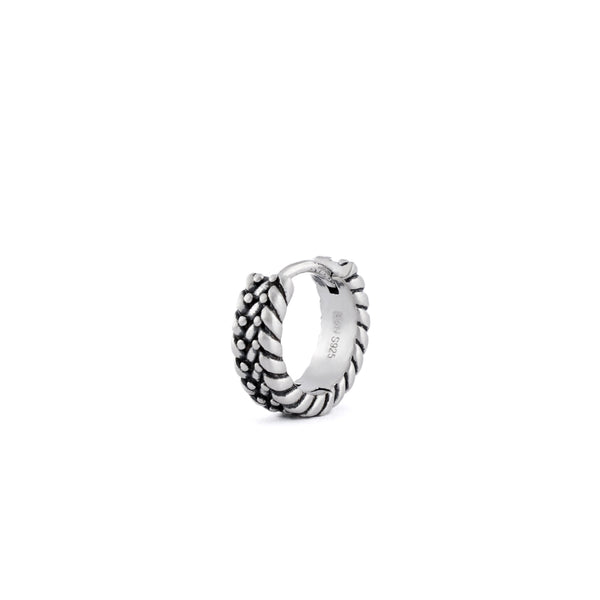 Silver huggie earring with keeper detailing on outside