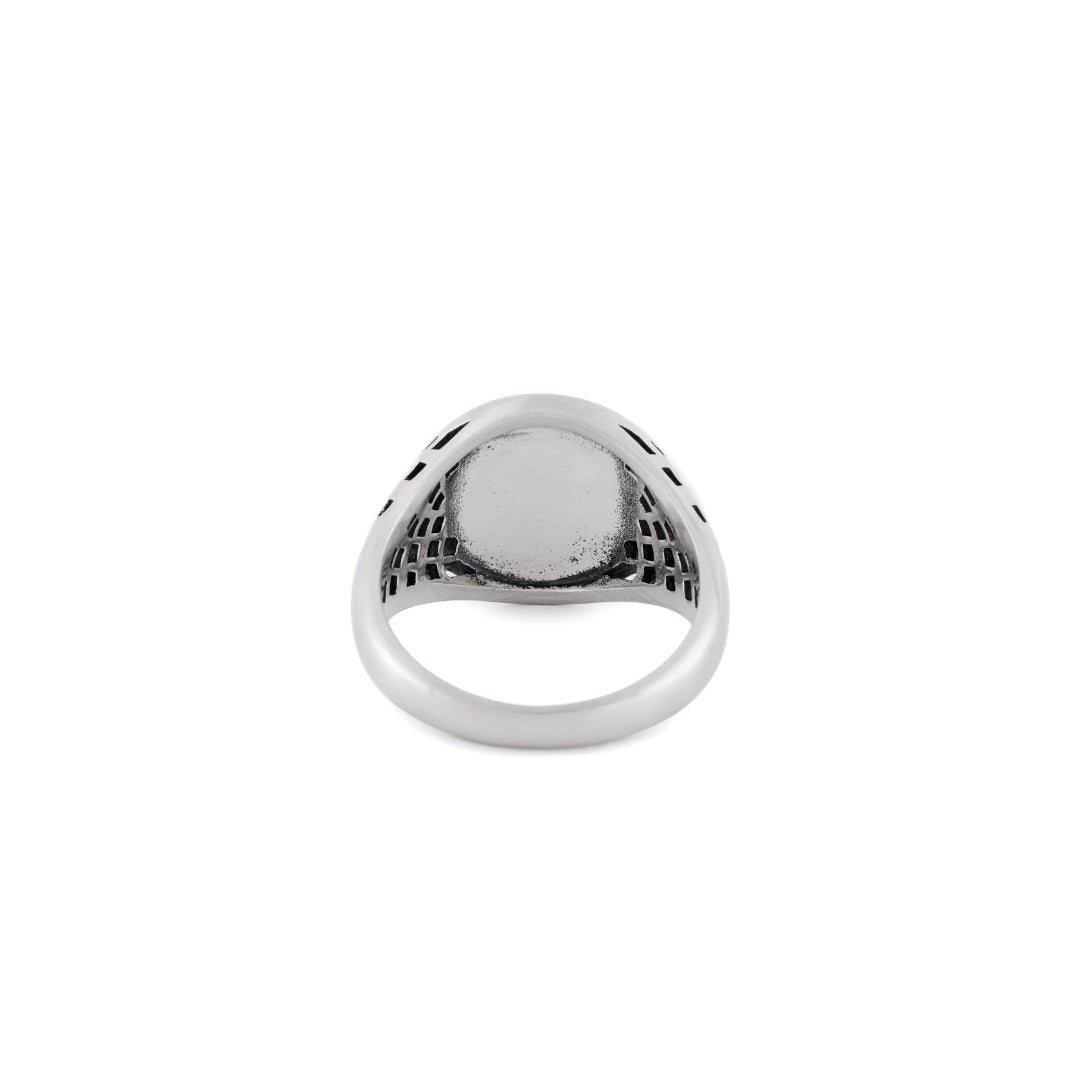 Silver Sovereign style ring with cut out detailing on the shoulders, inside view- Serge DeNimes