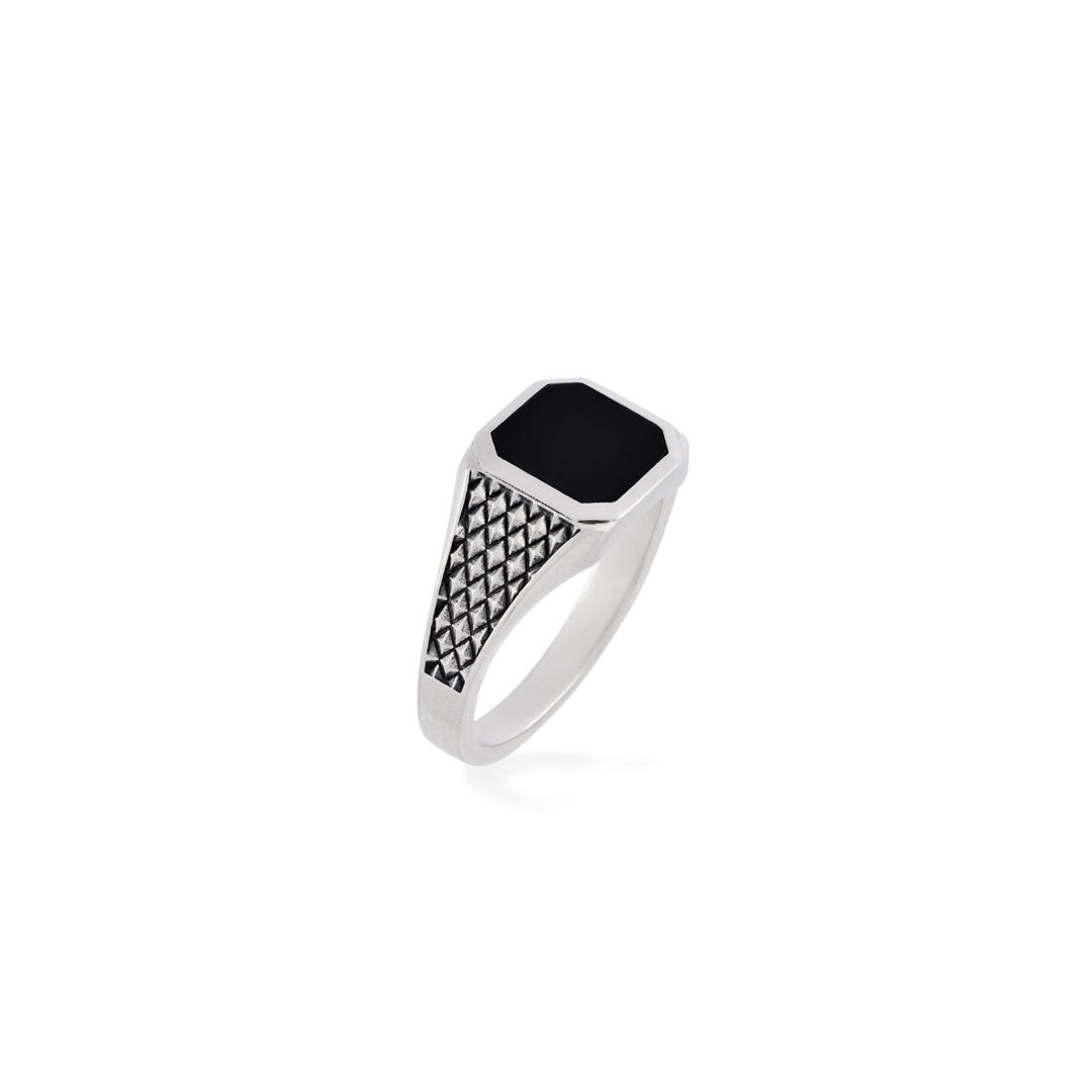 Silver ring with square face, diamond grid textured shoulders and Black Onyx gemstone face - Serge DeNimes