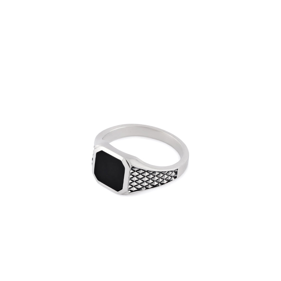 Silver ring with square face, diamond grid textured shoulders and Black Onyx gemstone face - Serge DeNimes