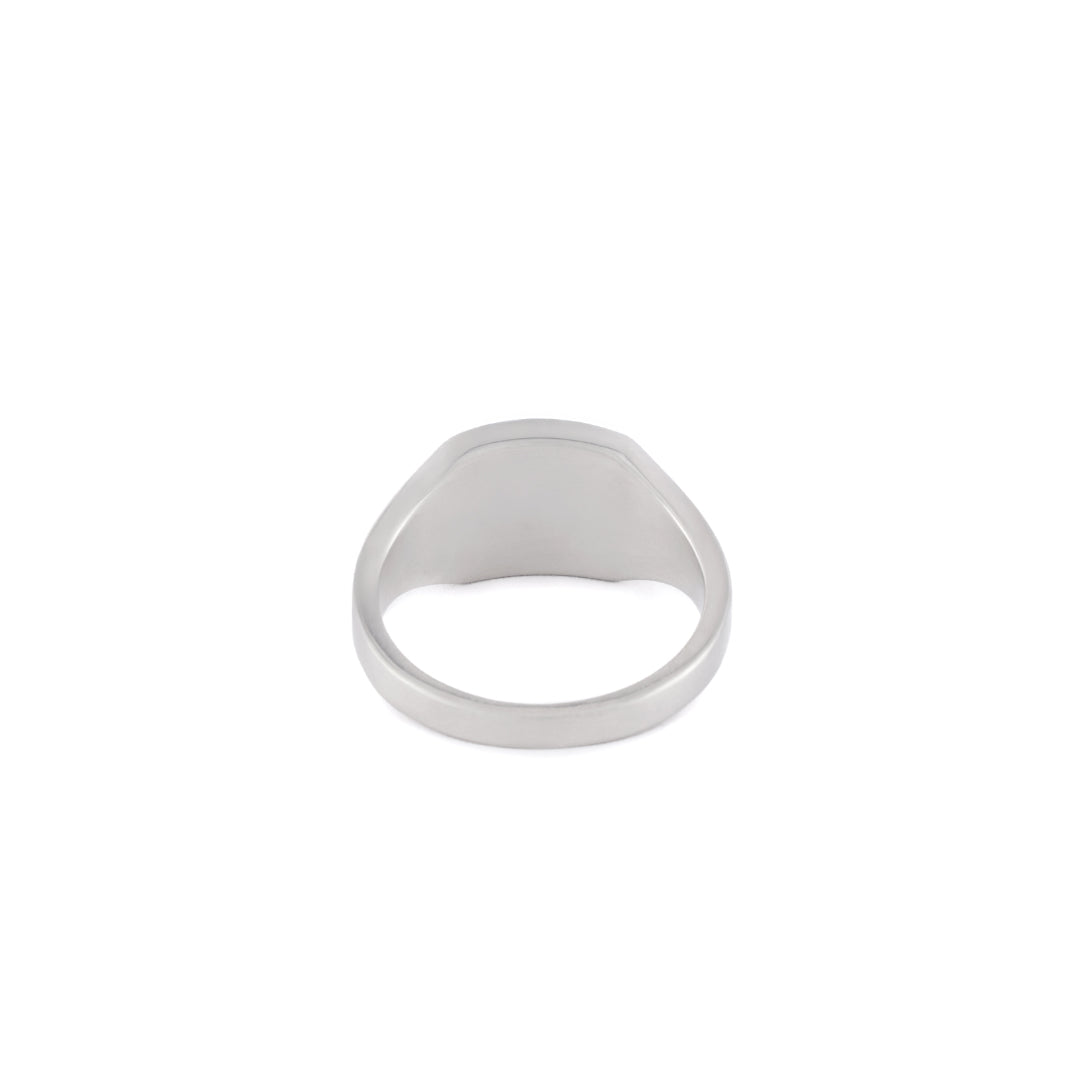 Silver square ring back view on white background