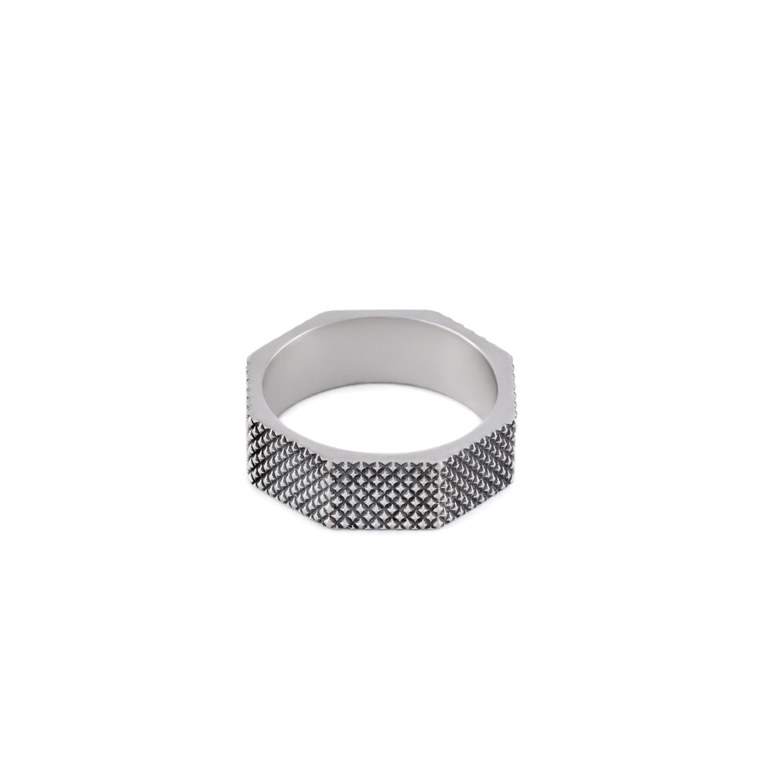 Silver Octagonal shaped band ring with geometric pattern texture on the outside - Serge DeNimes