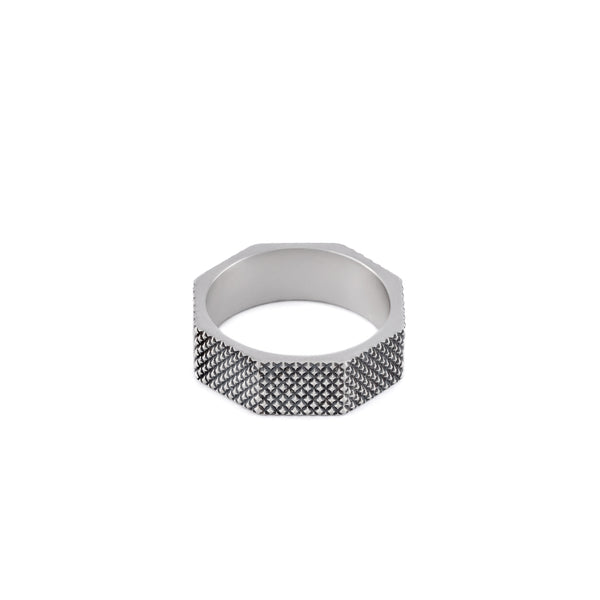 Silver Octagonal shaped band ring with geometric pattern texture on the outside - Serge DeNimes