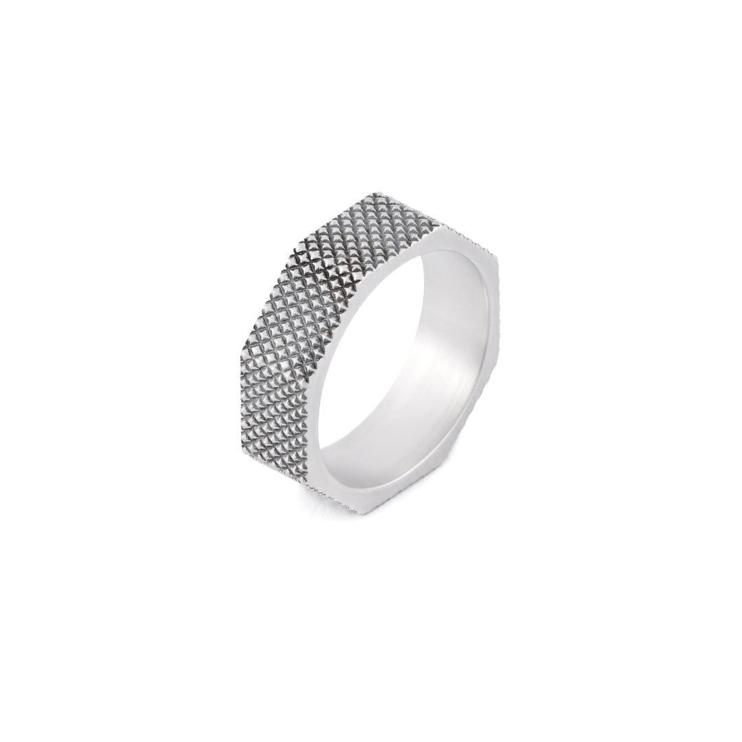 Silver Octagonal shaped band ring with geometric pattern texture on the outside - Serge DeNimes