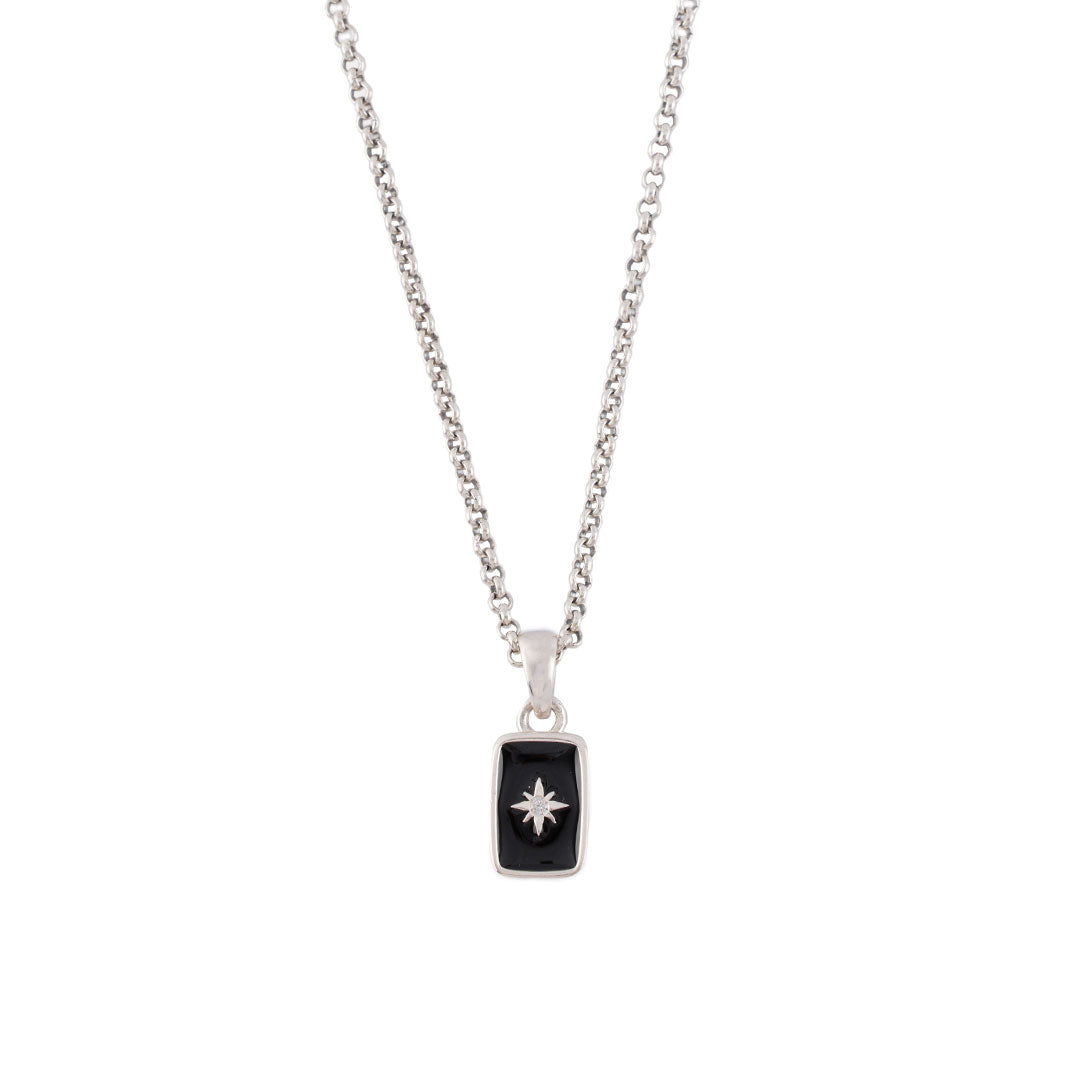 Silver pendant necklace with rolo chain and rectangle pendant with black enamel, star setting and clear gemstone - Serge DeNimes