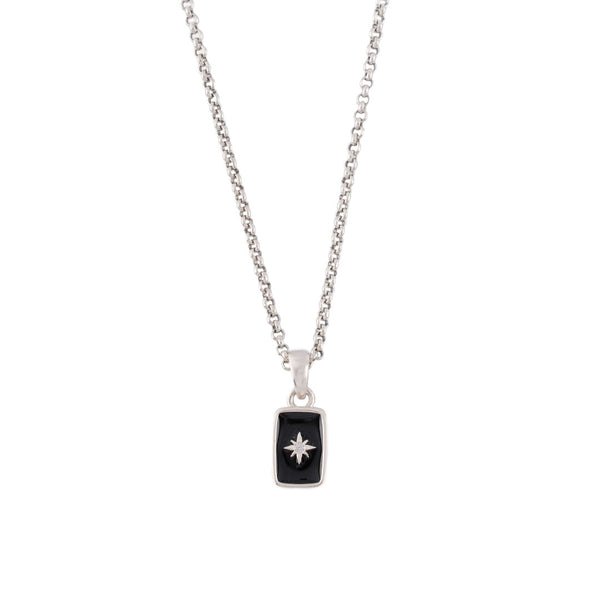 Silver pendant necklace with rolo chain and rectangle pendant with black enamel, star setting and clear gemstone - Serge DeNimes