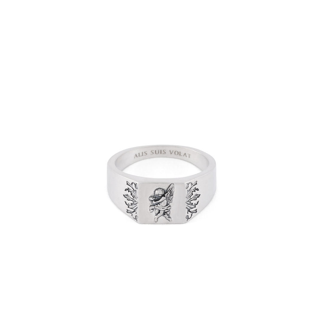 Silver ring with square face, cherub motif on the face and floral detailing on the sides - Serge DeNimes