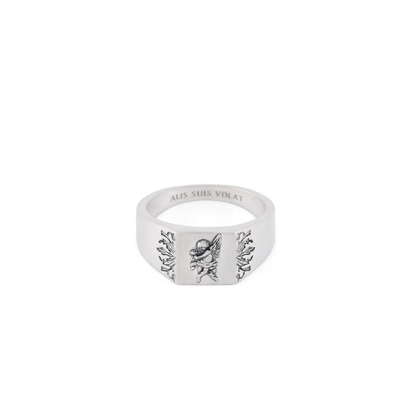 Silver ring with square face, cherub motif on the face and floral detailing on the sides - Serge DeNimes