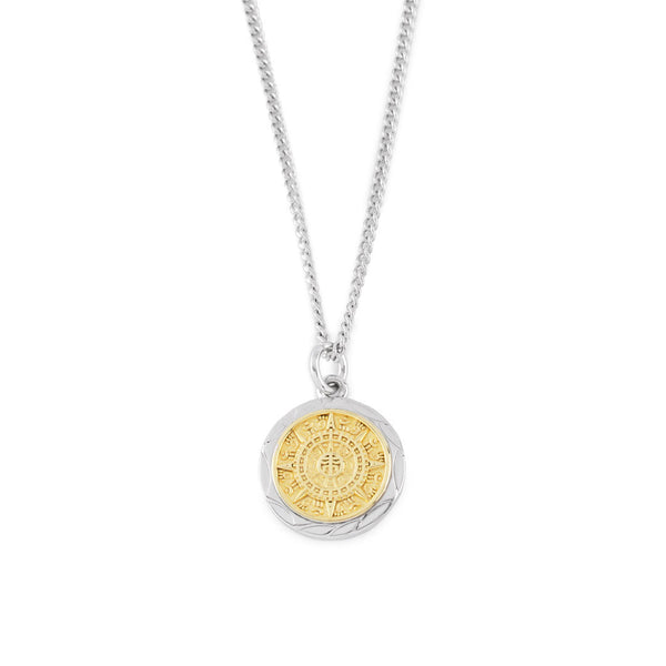 Silver curb chain necklace with round pendant in the style of an aztec compass with gold plated detail - Serge DeNimes