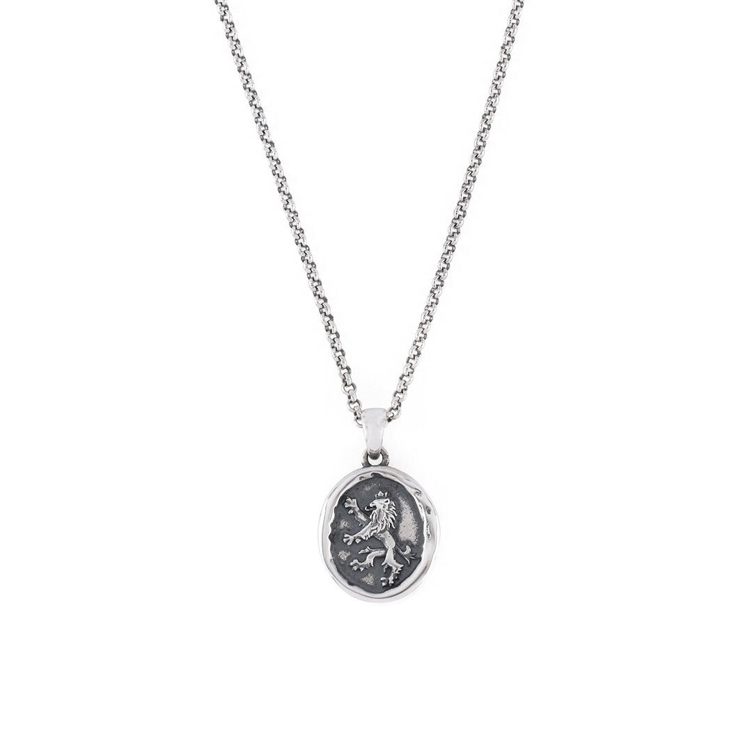 Silver pendant necklace with rolo chain and oval shaped pendant with wax seal design and Lion motif - Serge DeNimes