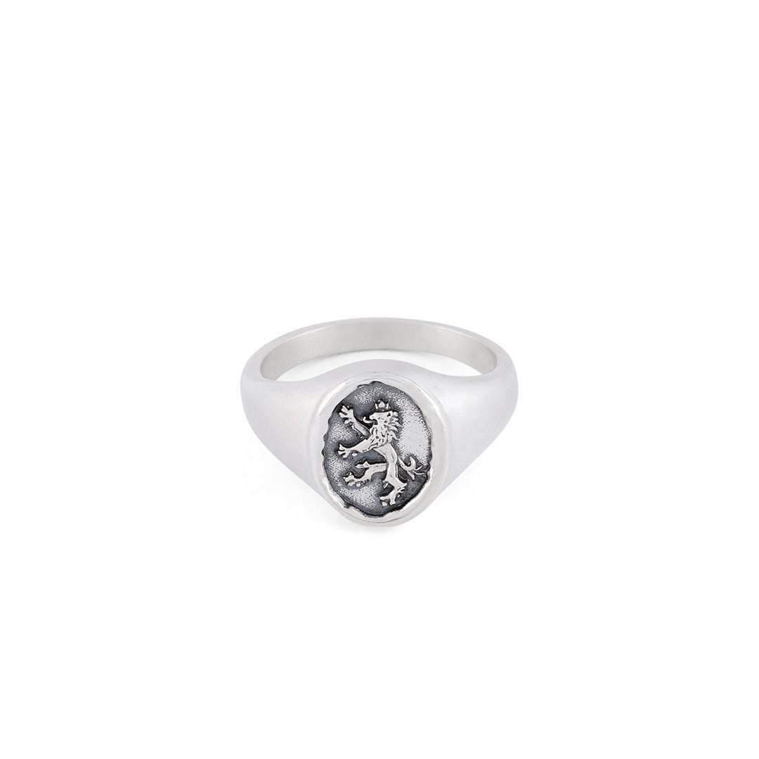 Silver signet ring with oval face wax seal imitation border and lion motif - Serge DeNimes