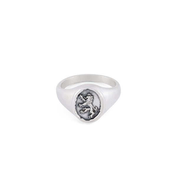 Silver signet ring with oval face wax seal imitation border and lion motif - Serge DeNimes