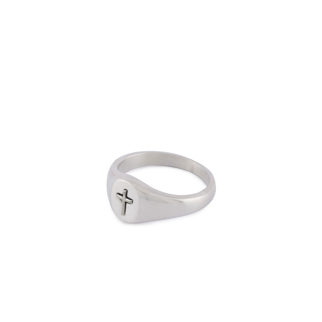 Silver signet ring with oval face and raised Cross motif - Serge DeNimes