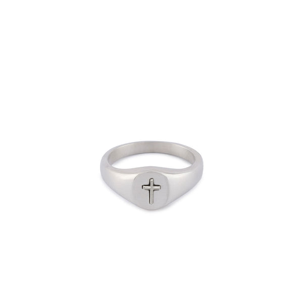 Silver signet ring with oval face and raised Cross motif - Serge DeNimes