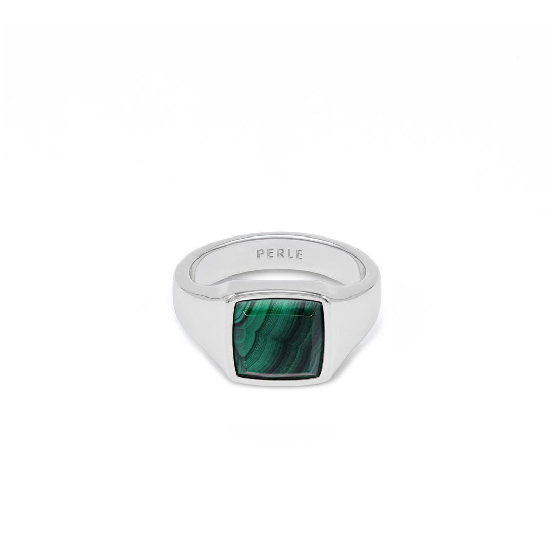Silver ring with Rhodium plating and large Malachite stone on a white background