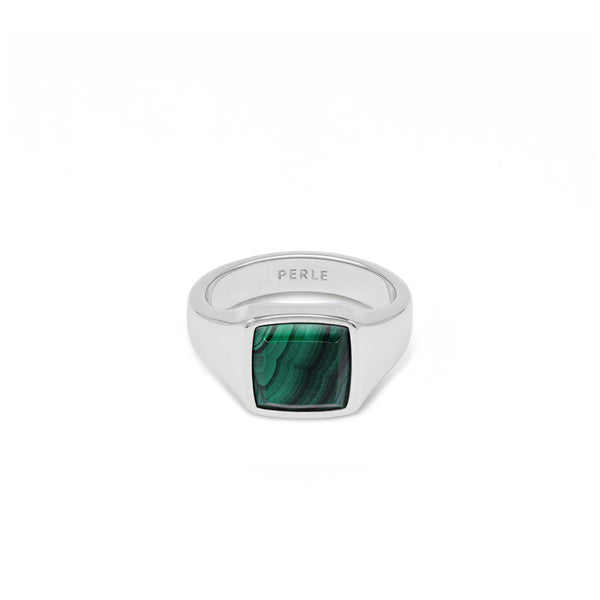 Silver ring with Rhodium plating and large Malachite stone on a white background
