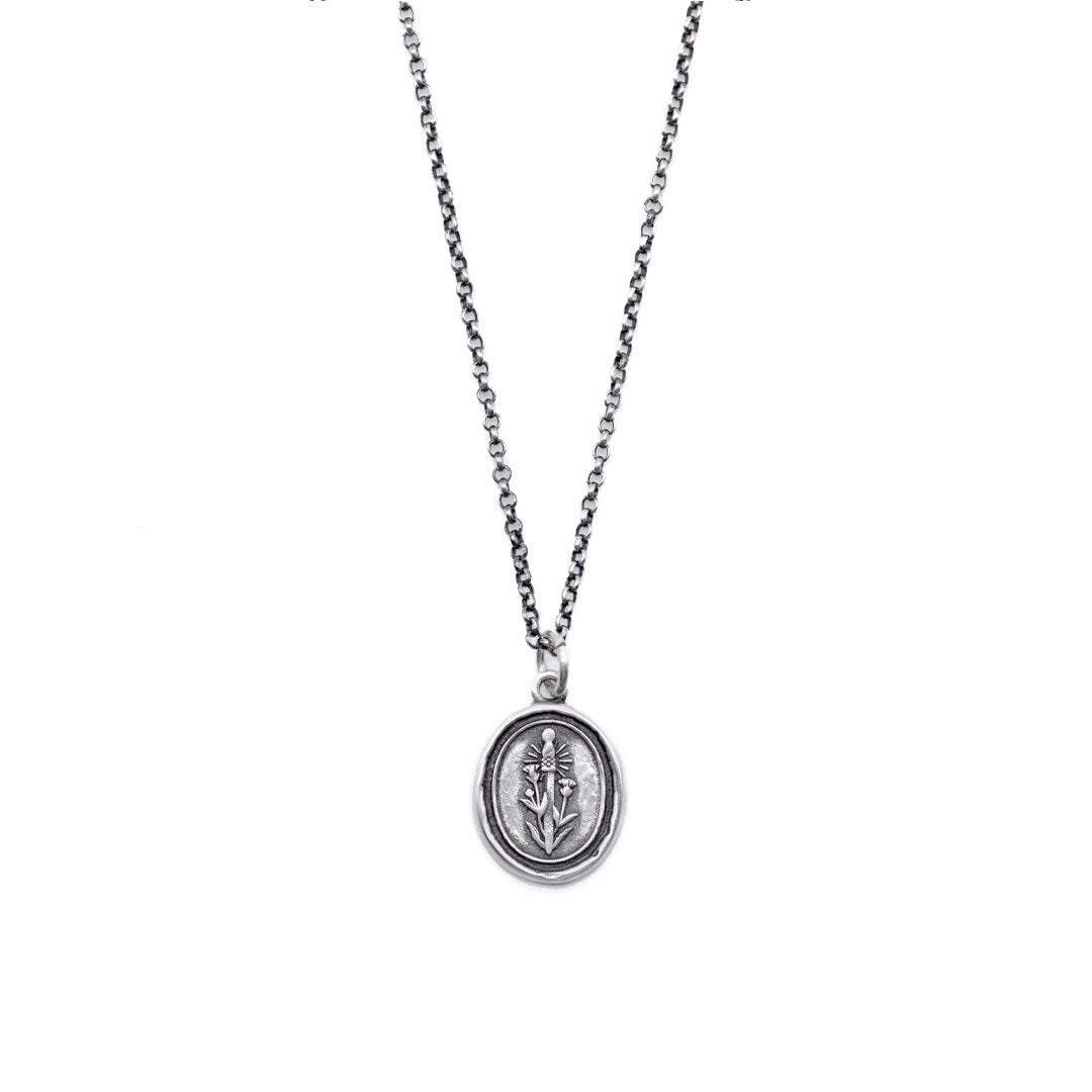 Silver necklace with an oval shaped pendant with a thistle & swords on it
