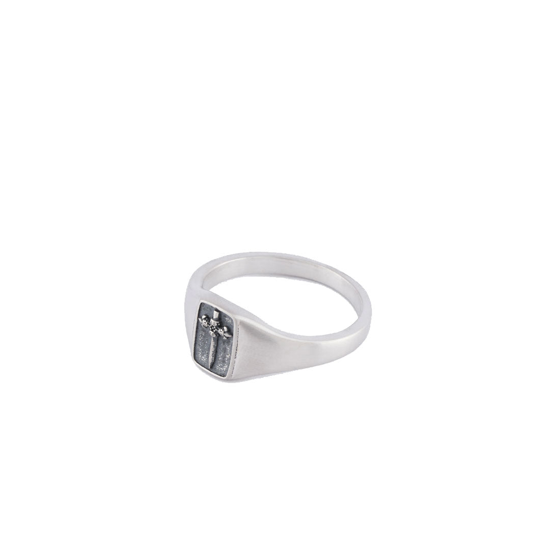 Silver signet ring with rectangle face with sword motif - Serge DeNimes